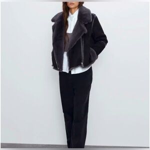 Zara faux fur suede black moto biker jacket size s